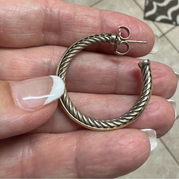 David Yurman 18k & SS Twist Hoop Earrings - Silver cable inside 18k outside - Picture 11 of 11